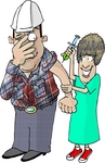 Worker Man Scared as a Nurse Prepares to Give Him a Flu Shot Clipart